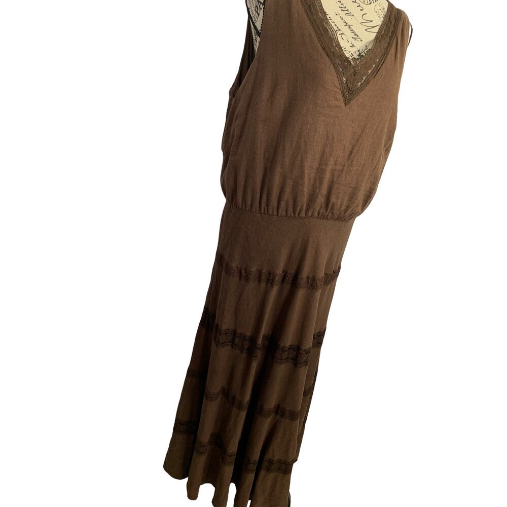 Perceptions Women Size 16 Maxi Dress Lace Trim A Line Side Zip Linen Blend Brown - Picture 3 of 10